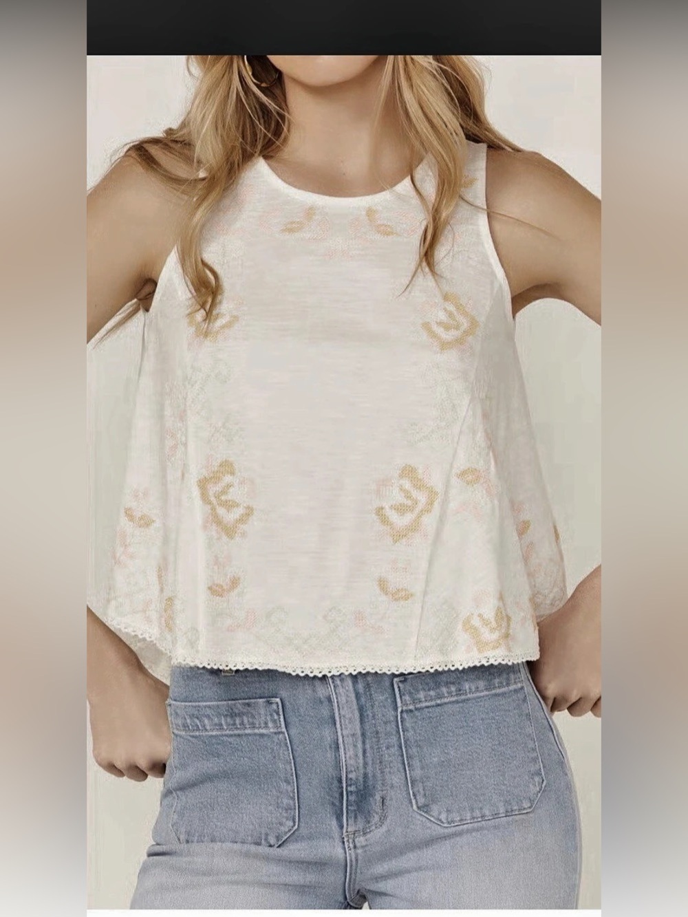 Free People Faded Gardens Tank Floral Embroidered Pink & White SP